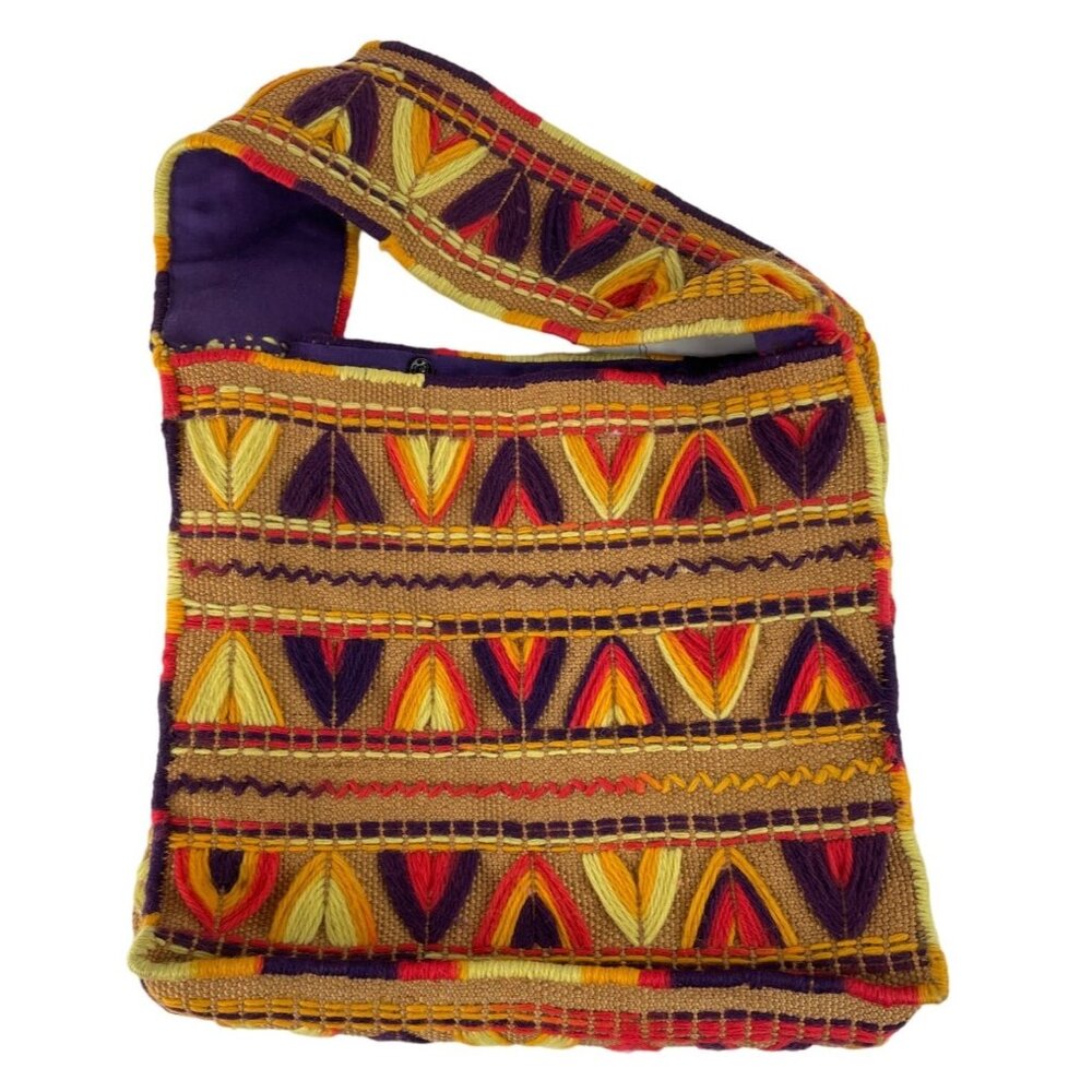 Vintage Handmade Colorful Yarn Embroidered Burlap Lined Tote Bag
